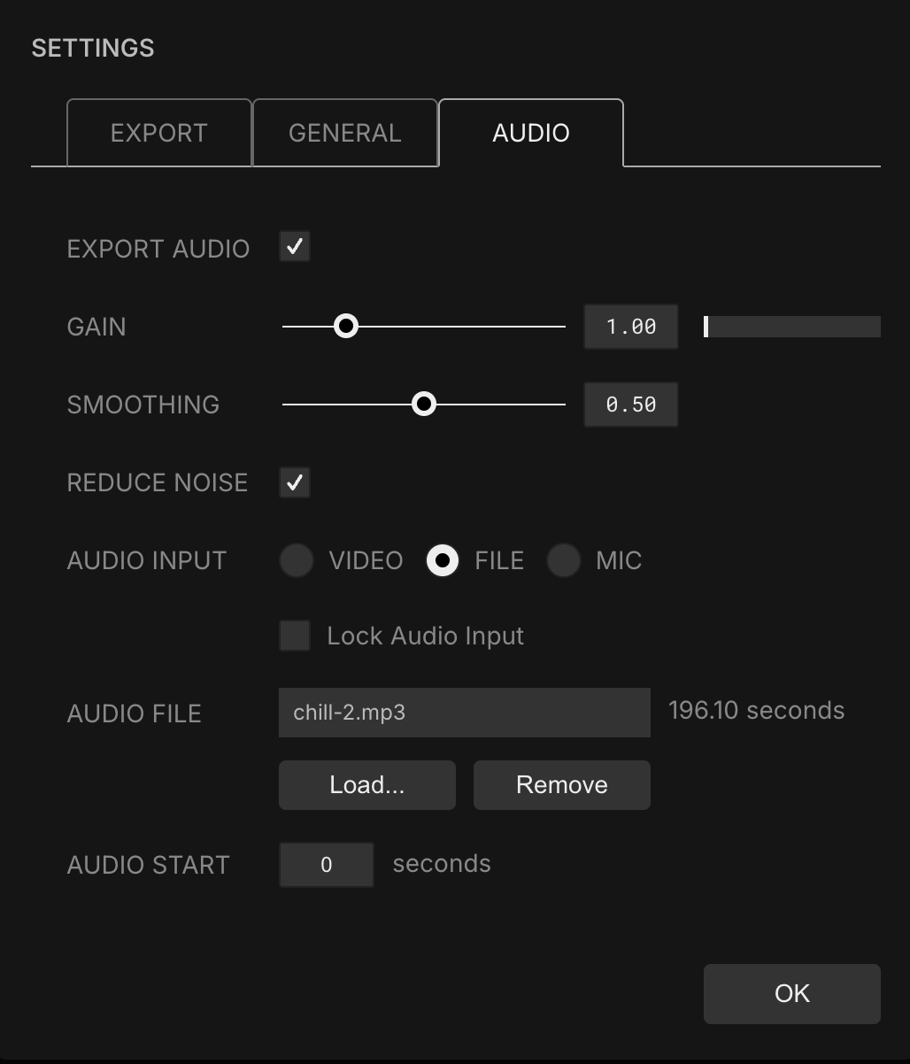 The Audio tab of the Settings panel