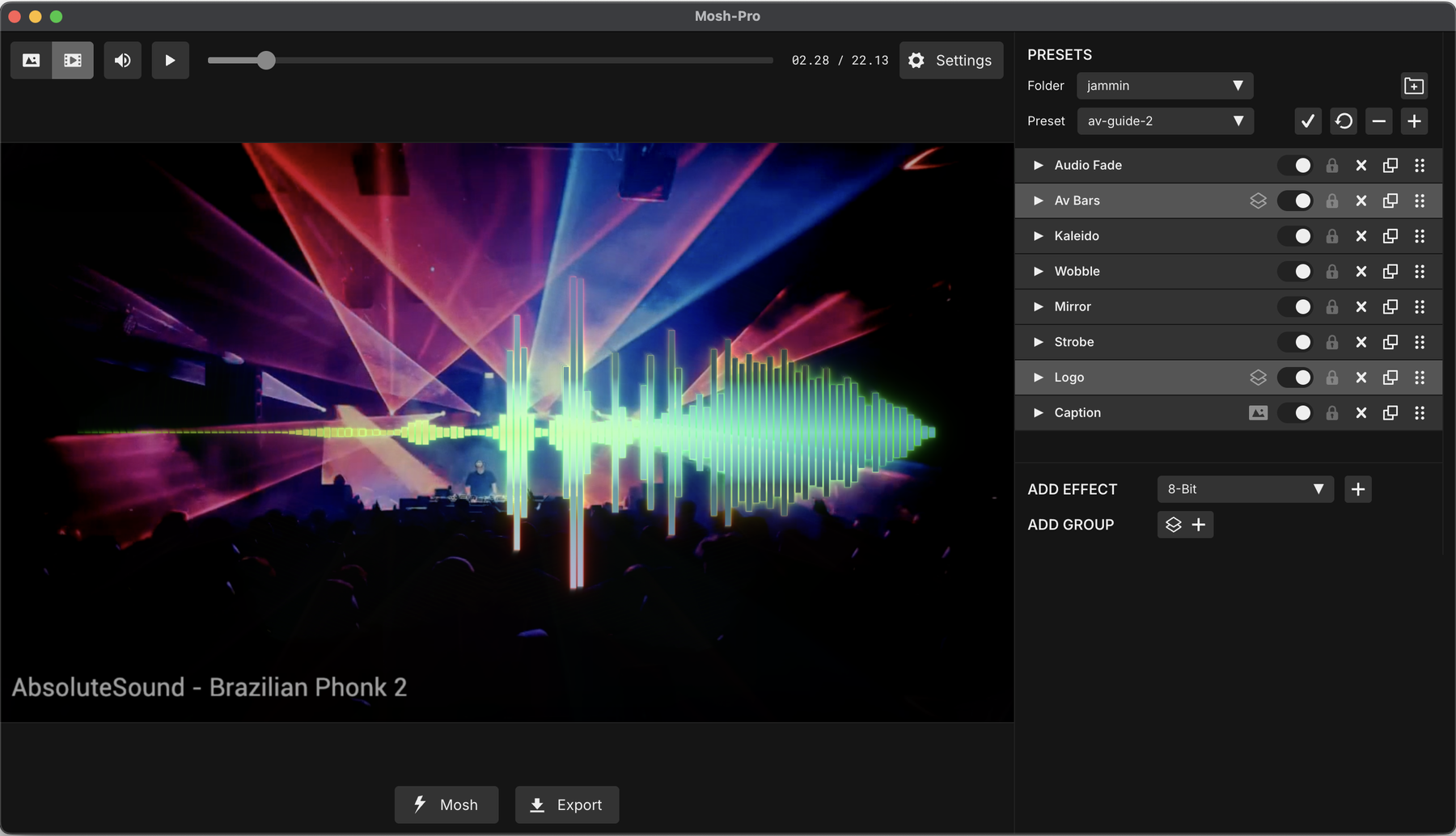 The Mosh-Pro window with the full preset stack in the effects panel