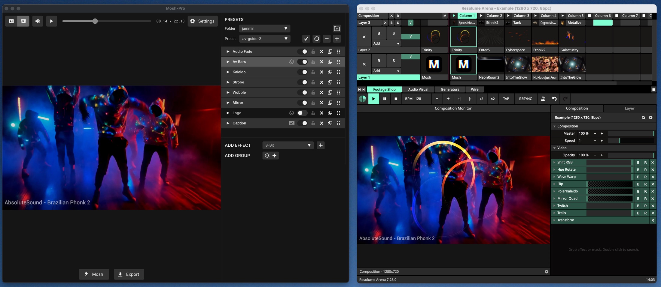 Mosh-Pro publishing over Syphon with Resolume taking the feed as a live source